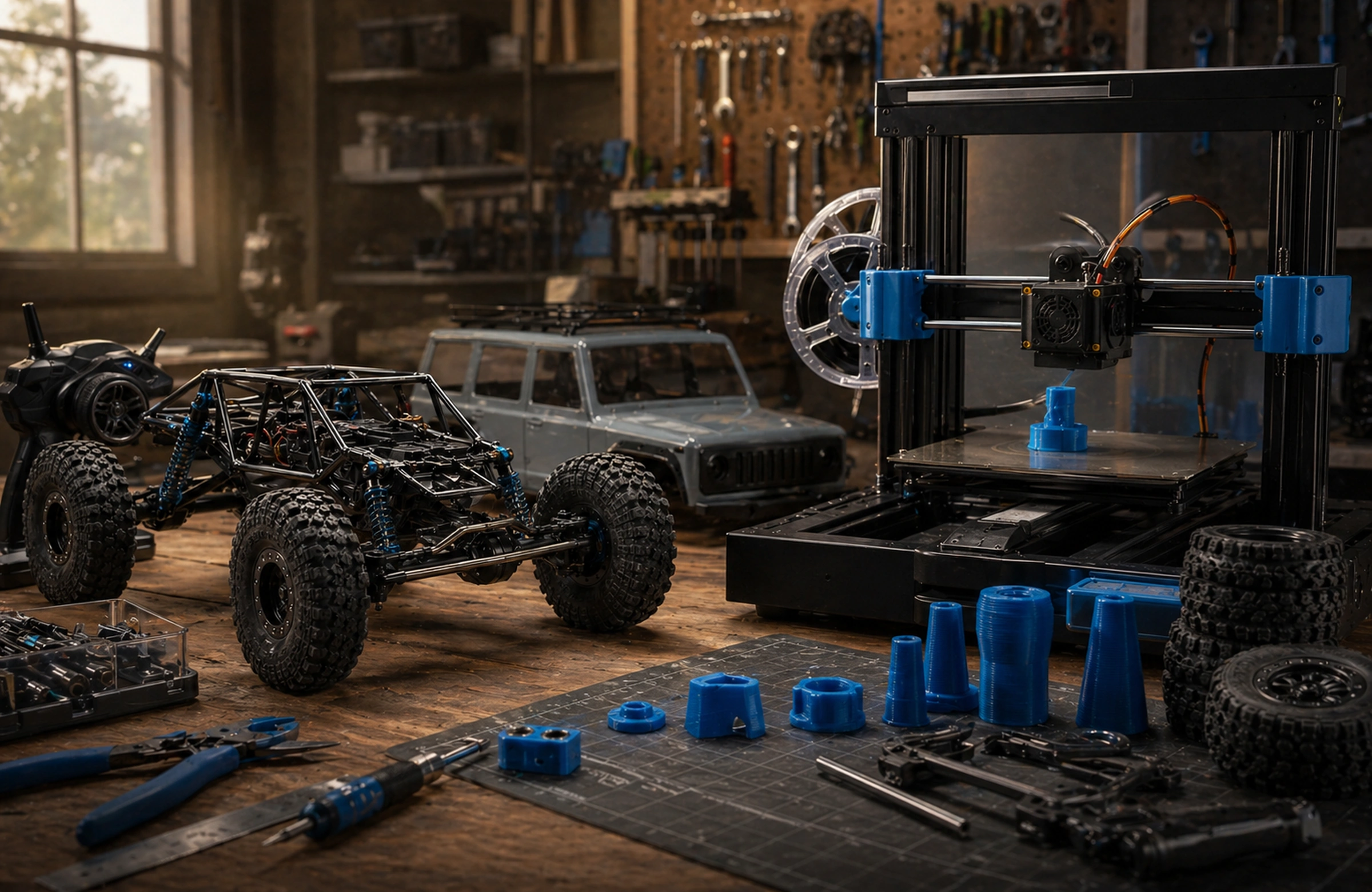 Photorealistic Crawlers Bot editorial hero image for 3D Printing For Rc Crawlers, styled as a premium RC crawler field-guide scene.