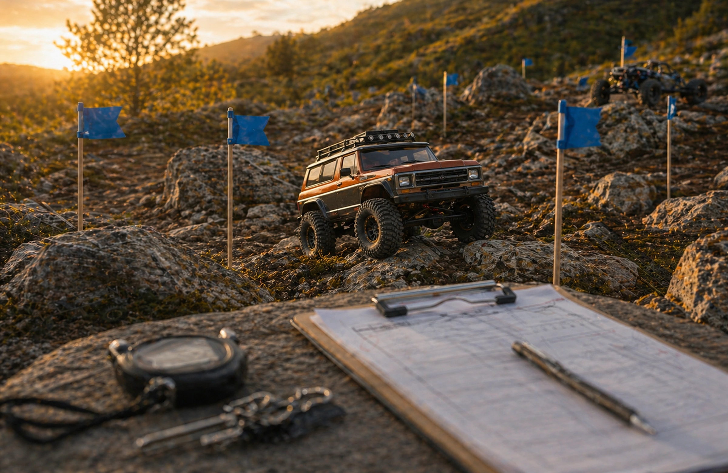 Photorealistic Crawlers Bot editorial hero image for Competition Scoring Basics, styled as a premium RC crawler field-guide scene.