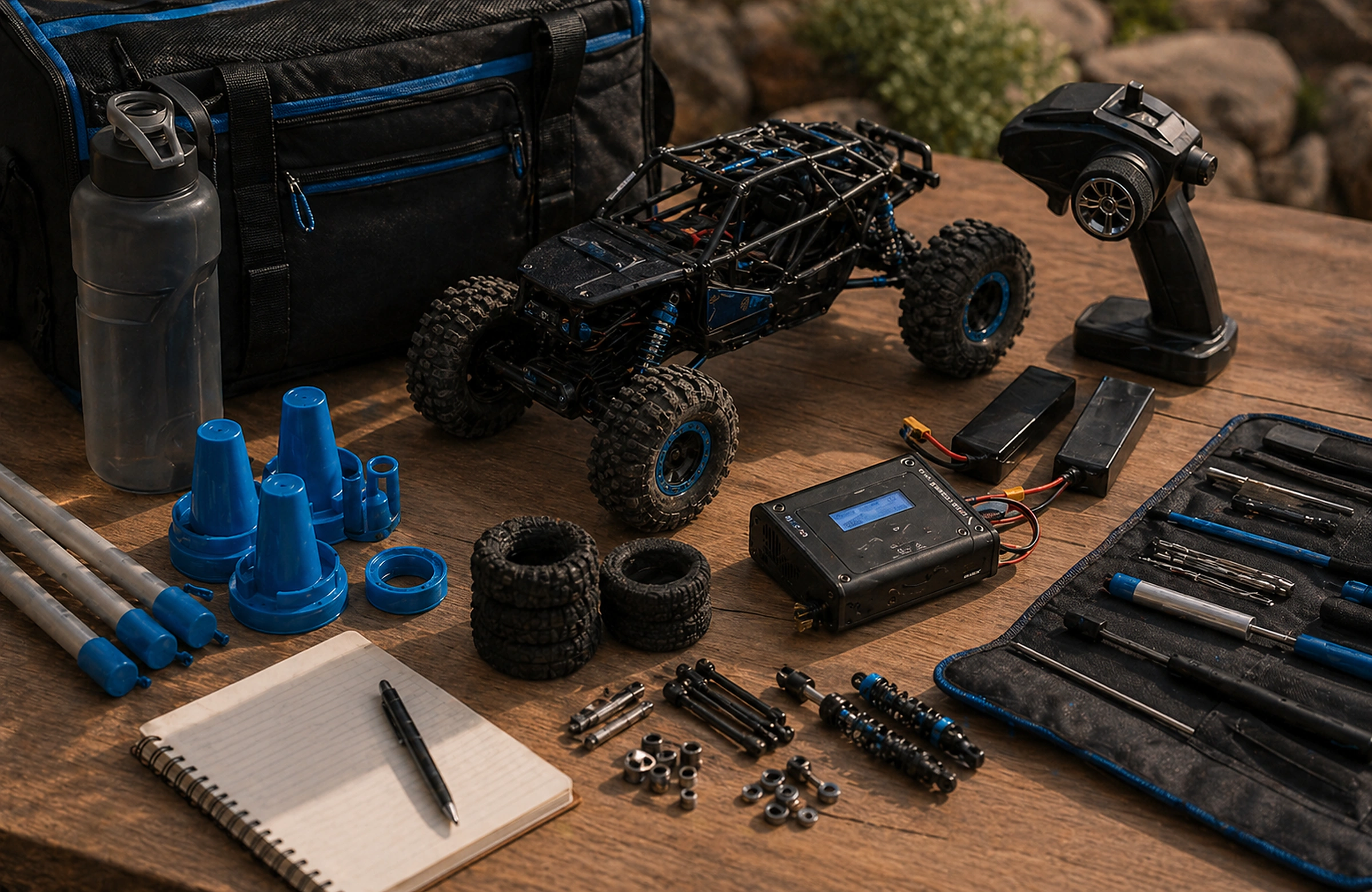 Photorealistic Crawlers Bot editorial hero image for First Event Checklist, styled as a premium RC crawler field-guide scene.