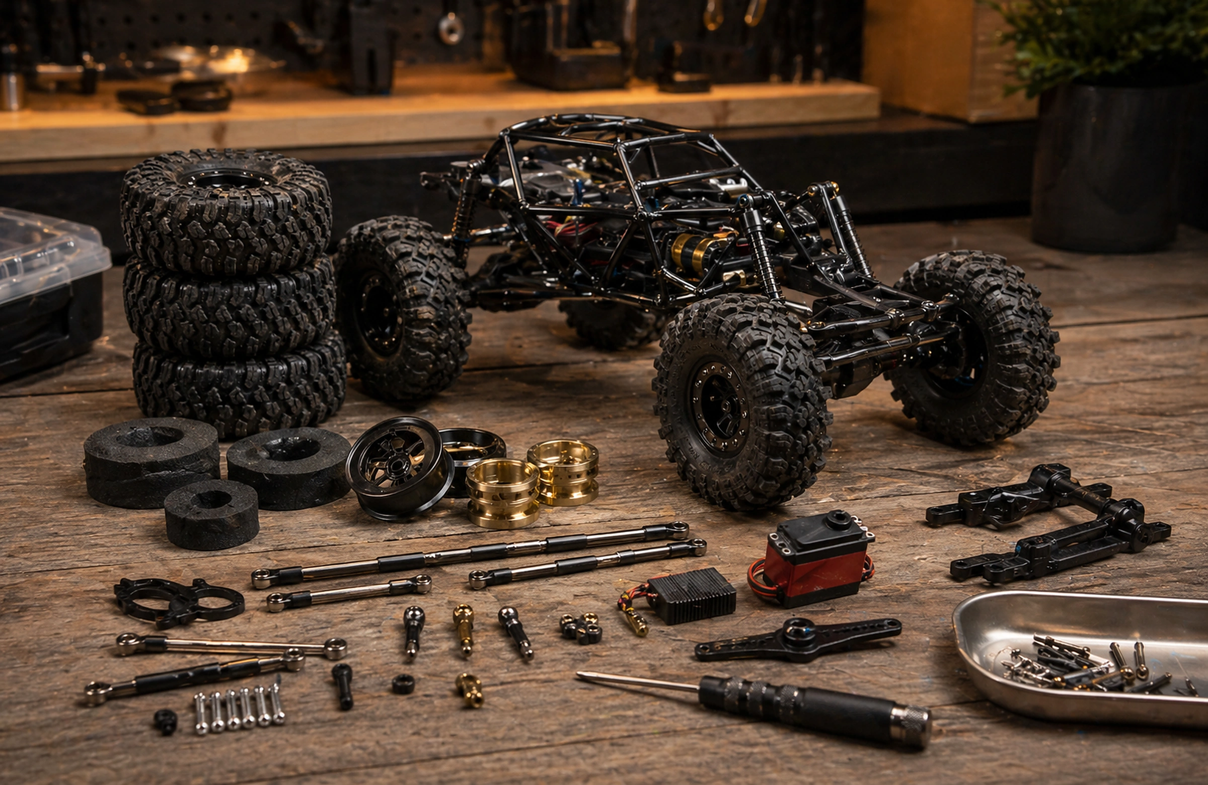 Photorealistic Crawlers Bot editorial hero image for First Rc Crawler Upgrades, styled as a premium RC crawler field-guide scene.