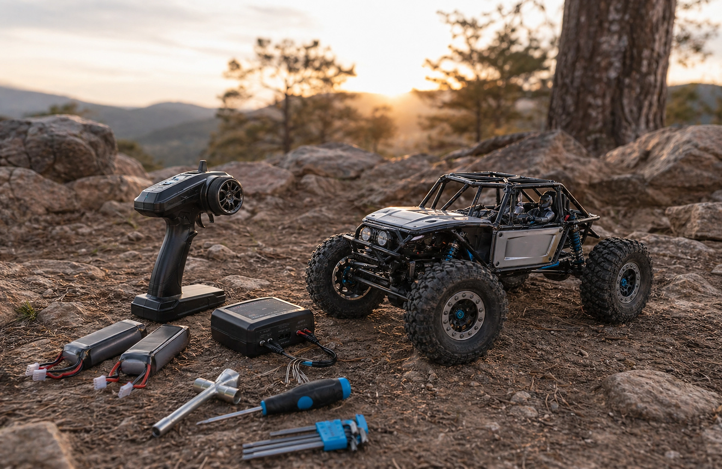Photorealistic Crawlers Bot editorial hero image for Getting Started In Rc Crawling, styled as a premium RC crawler field-guide scene.