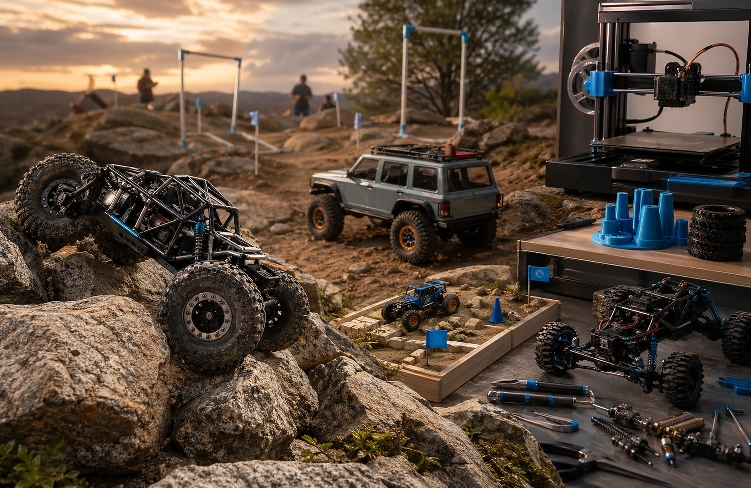 Photorealistic Crawlers Bot editorial hero image for Learn, styled as a premium RC crawler field-guide scene.