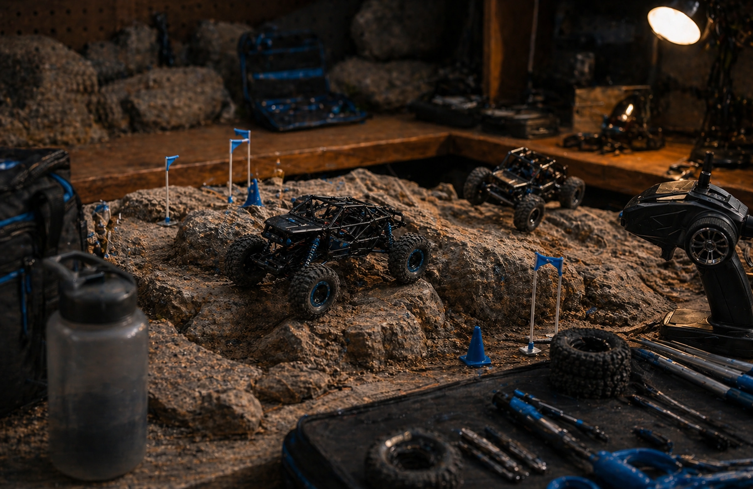 Photorealistic Crawlers Bot editorial hero image for Micro Crawlers, styled as a premium RC crawler field-guide scene.