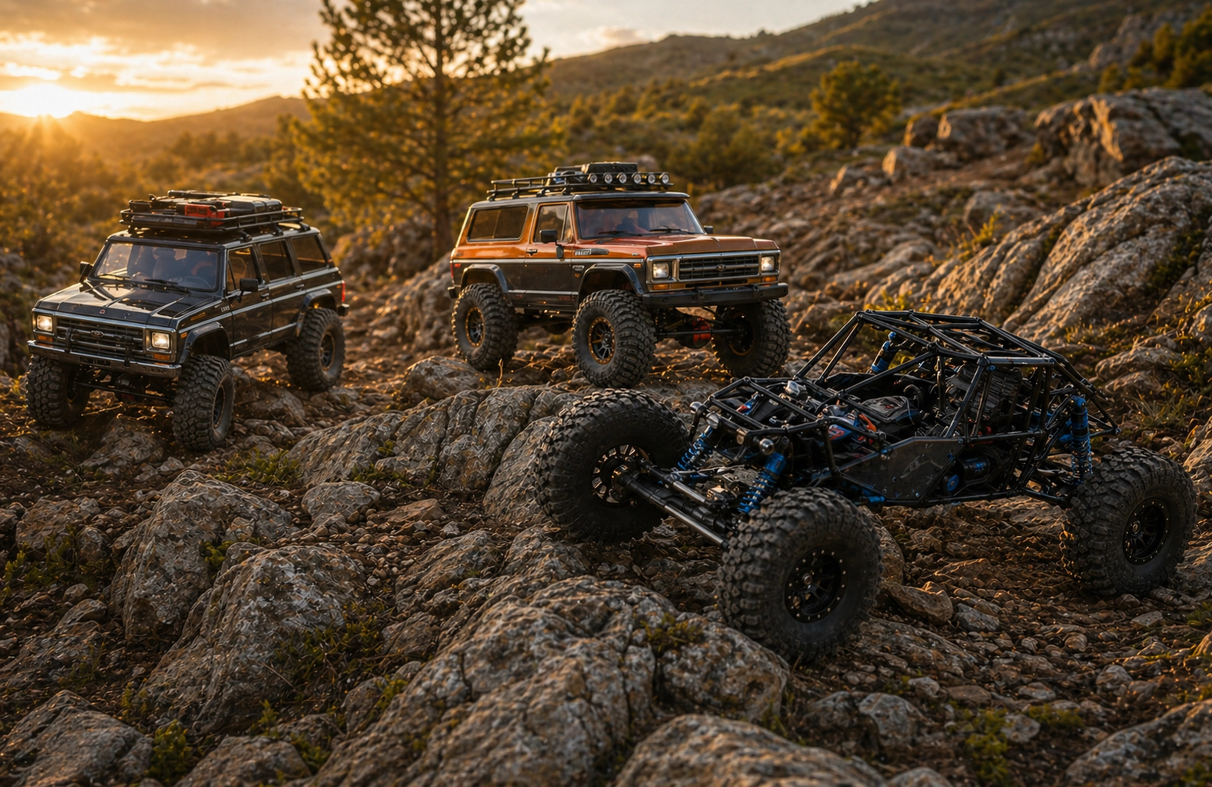 Photorealistic Crawlers Bot editorial hero image for Rc Crawler Classes Explained, styled as a premium RC crawler field-guide scene.