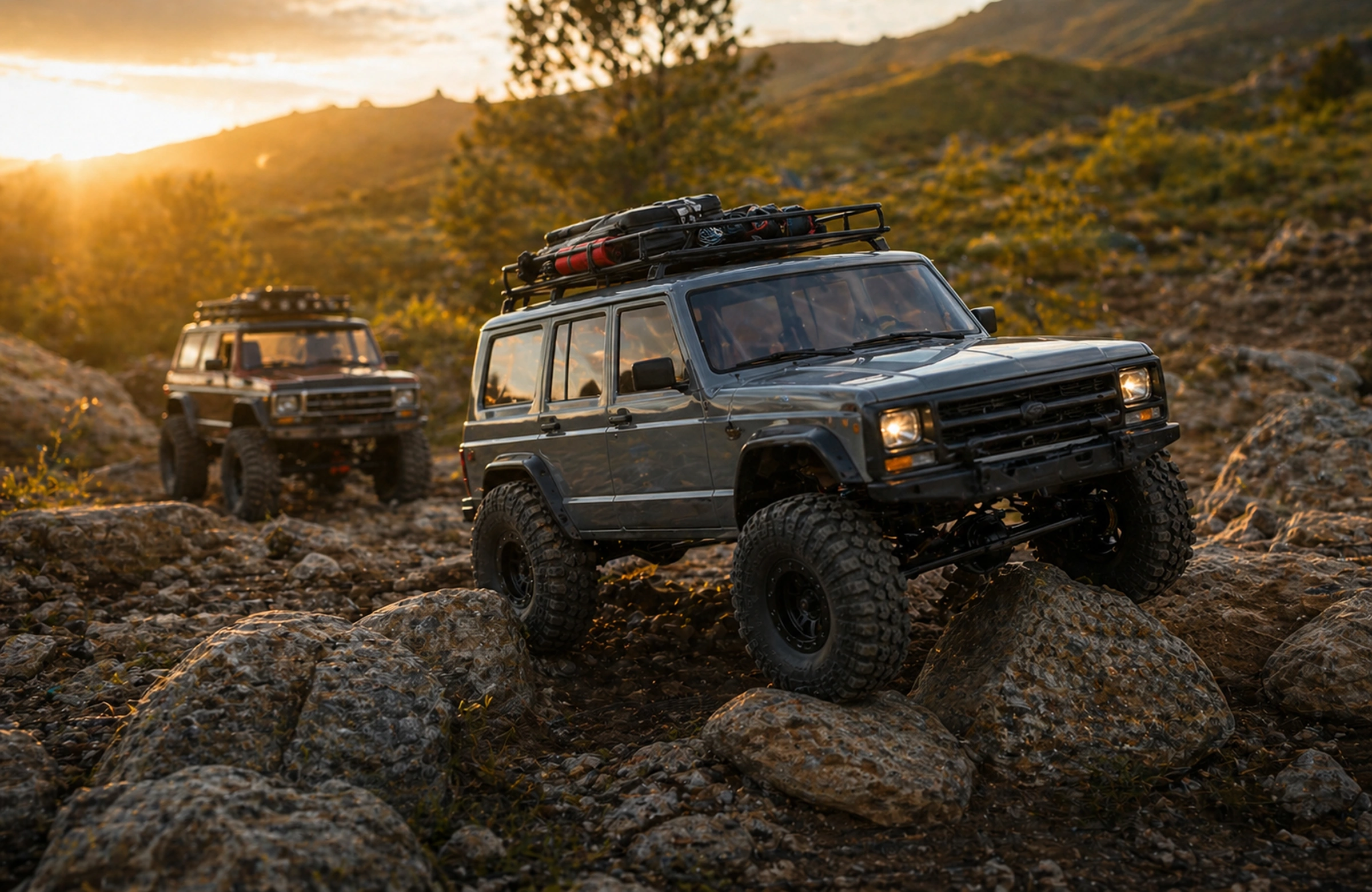 Photorealistic Crawlers Bot editorial hero image for Scale Crawling Basics, styled as a premium RC crawler field-guide scene.