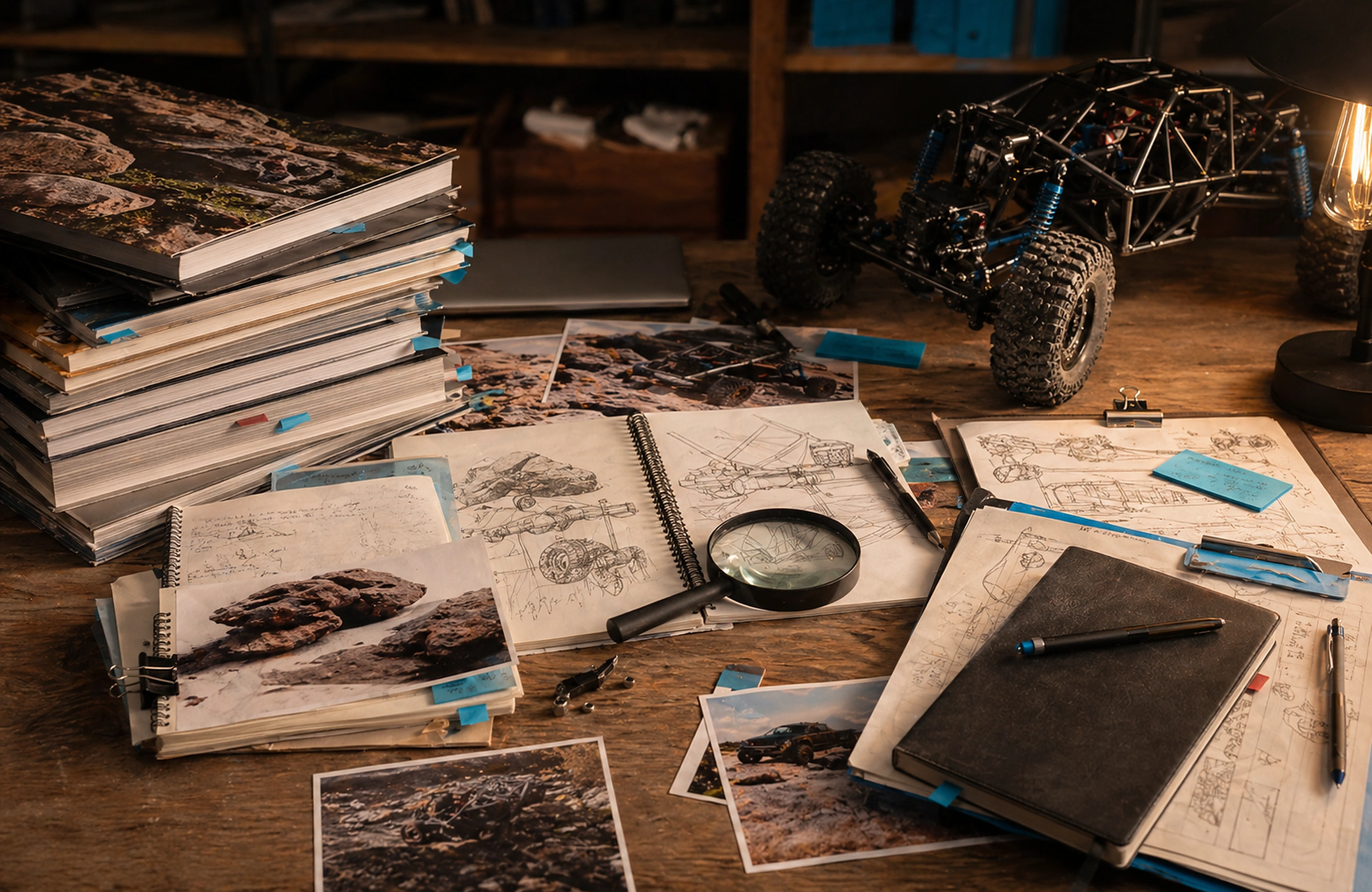 Photorealistic Crawlers Bot editorial hero image for Sources, styled as a premium RC crawler field-guide scene.