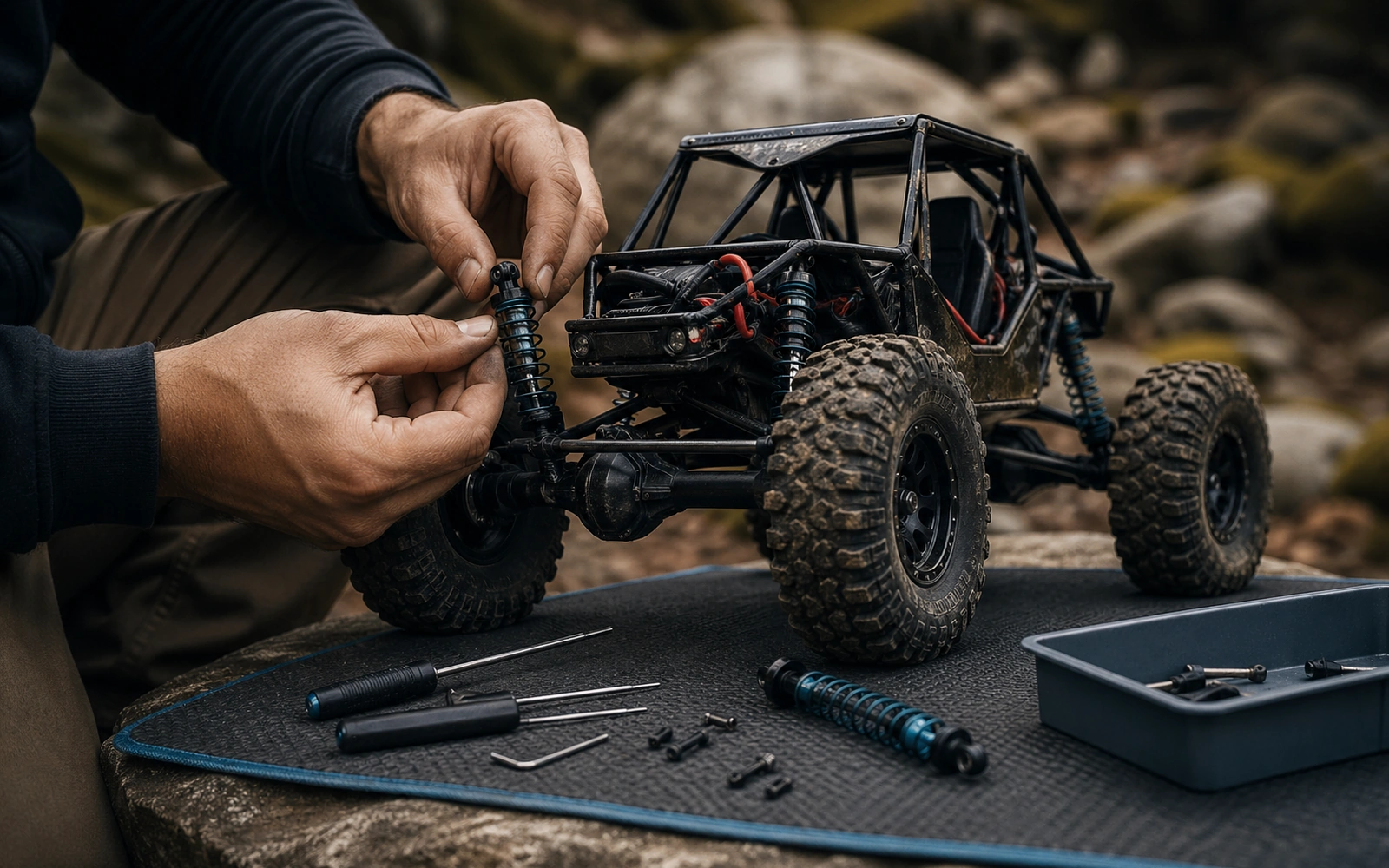 Photorealistic RC crawler guide image for Event And Safety Caveats, with premium field-guide styling and no readable embedded text.