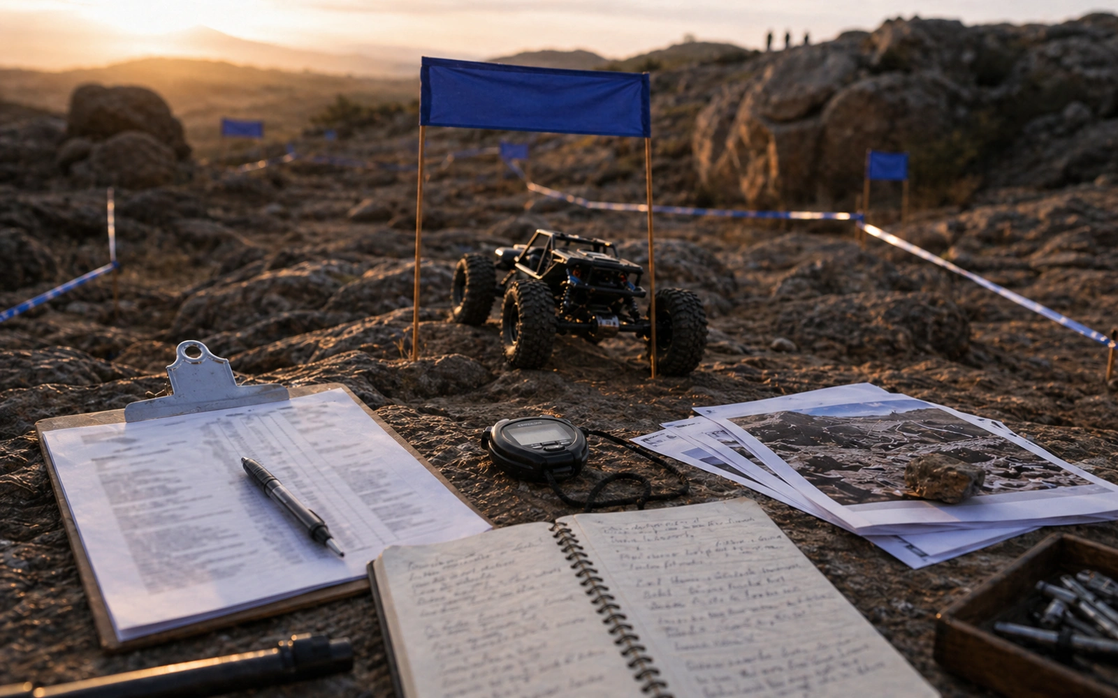 Photorealistic RC crawler guide image for Gates And Progress, with premium field-guide styling and no readable embedded text.