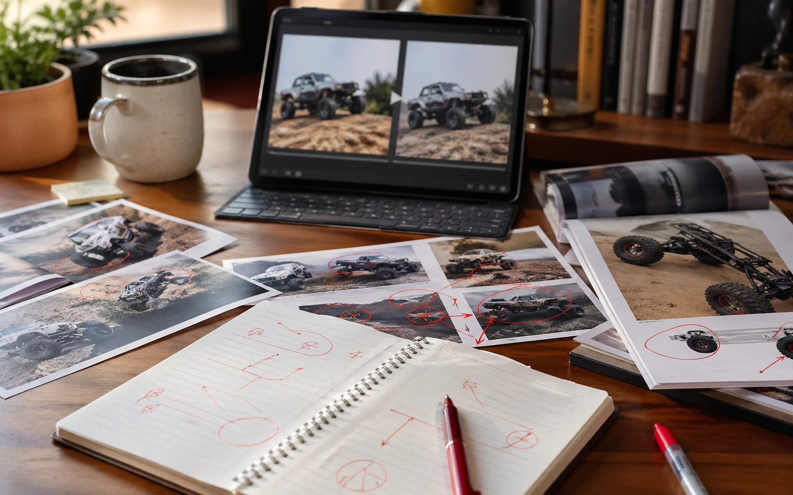 Photorealistic editorial workspace image for Corrections Workflow, with RC crawler context and no readable embedded text.