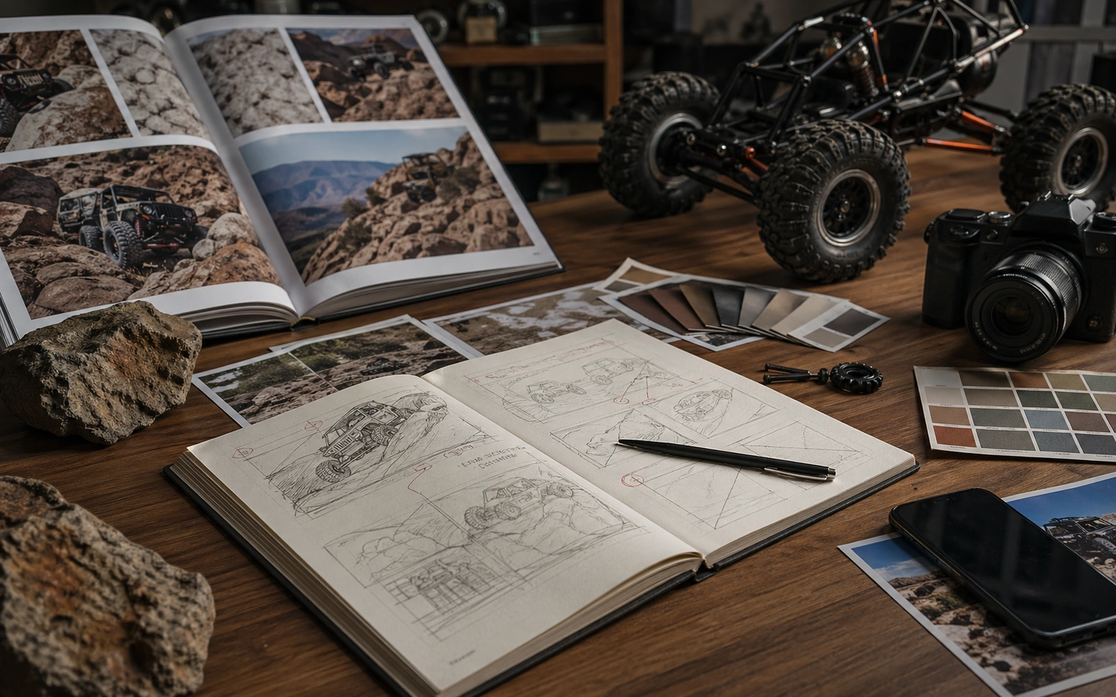 Photorealistic editorial workspace image for Editorial Purpose, with RC crawler context and no readable embedded text.
