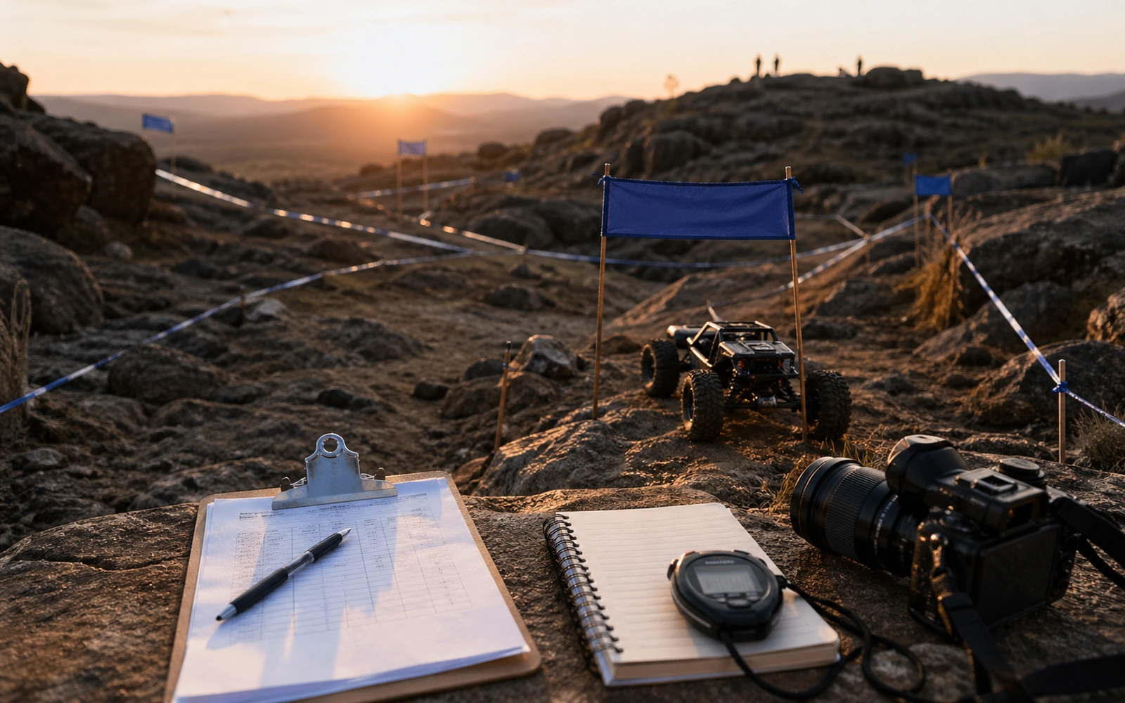 Photorealistic editorial workspace image for Rules And Competition Coverage, with RC crawler context and no readable embedded text.