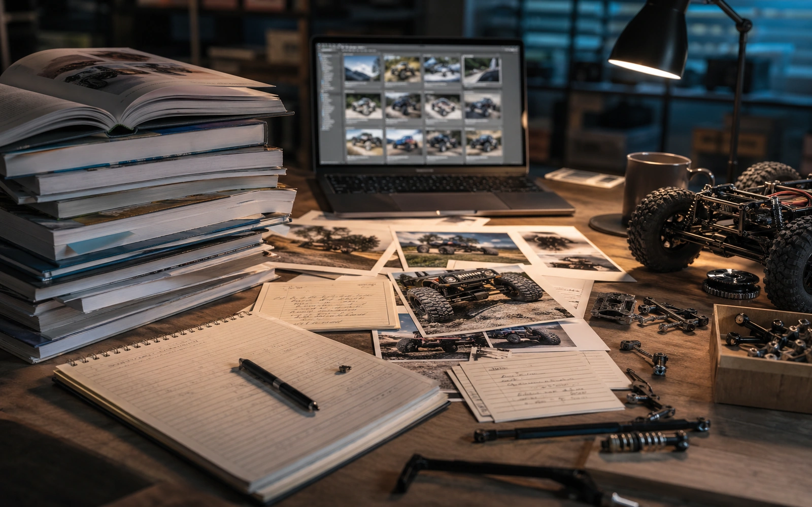 Photorealistic editorial workspace image for Sources And Attribution, with RC crawler context and no readable embedded text.