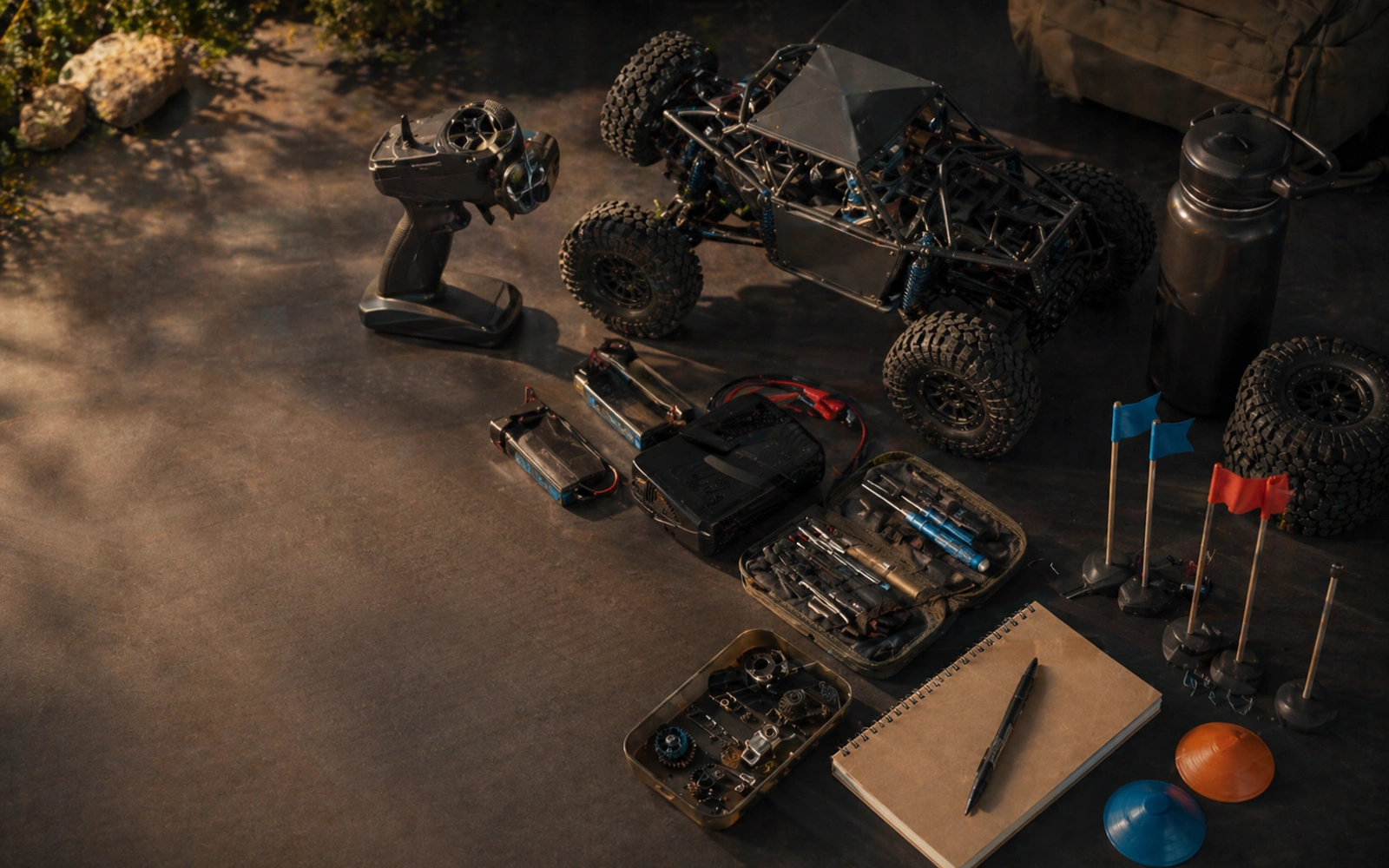 Photorealistic RC crawler guide image for Tires And Foams First, with premium field-guide styling and no readable embedded text.