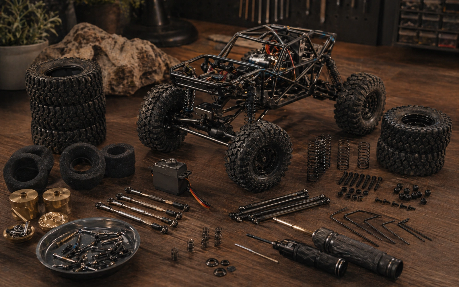Photorealistic RC crawler guide image for Weight In Small Steps, with premium field-guide styling and no readable embedded text.