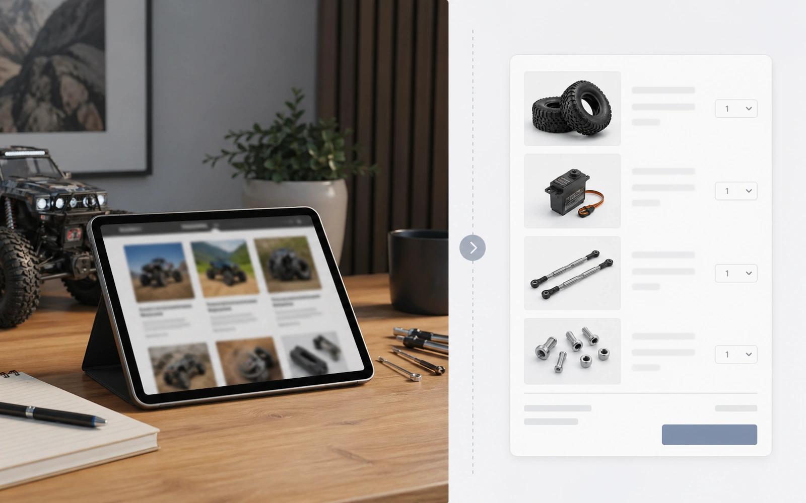 Photorealistic RC crawler guide image for When To Shop, with premium field-guide styling and no readable embedded text.