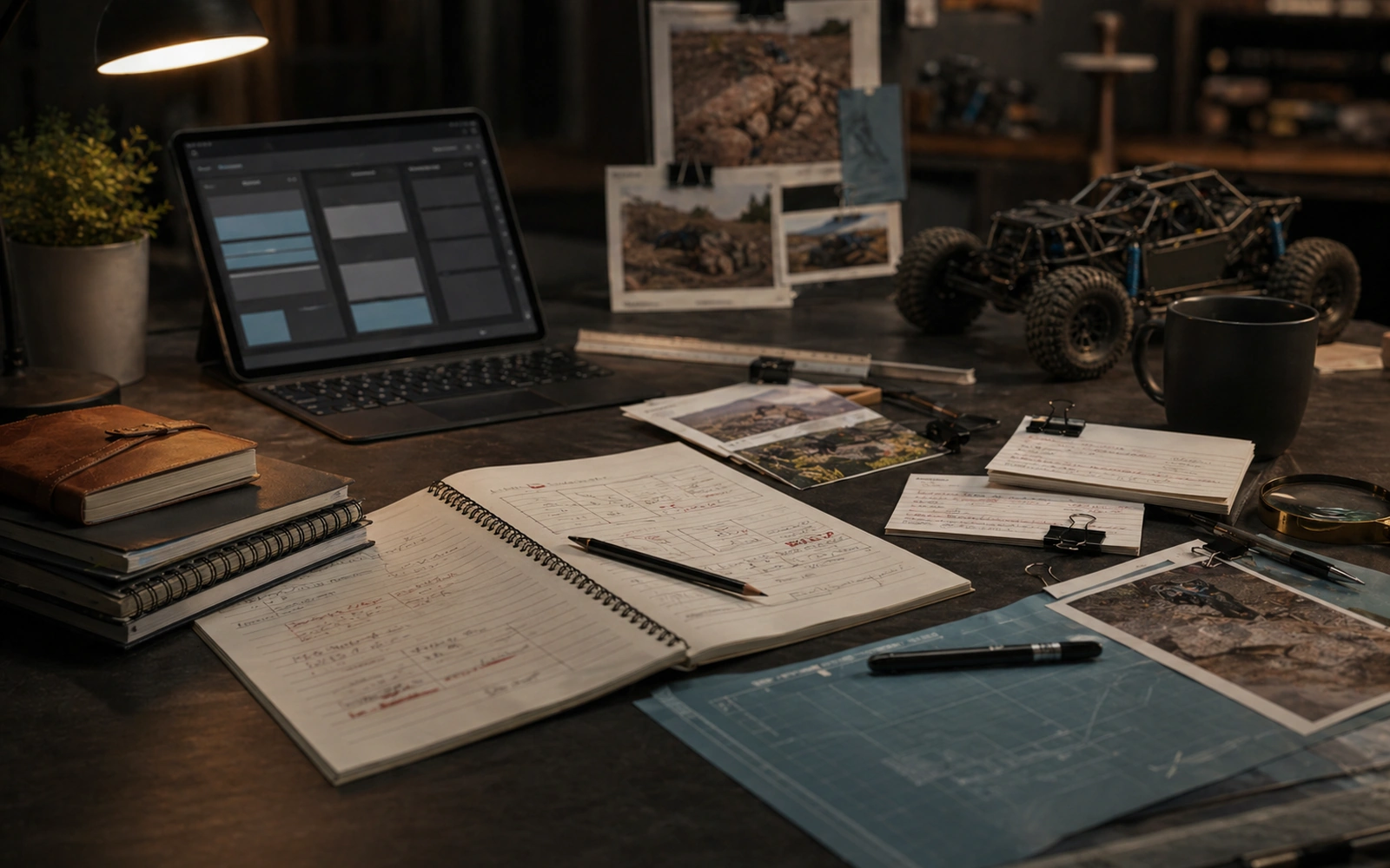 Photorealistic RC crawler field-guide image for How To Read Crawler Terms, with warm workshop or trail styling and no readable embedded text.