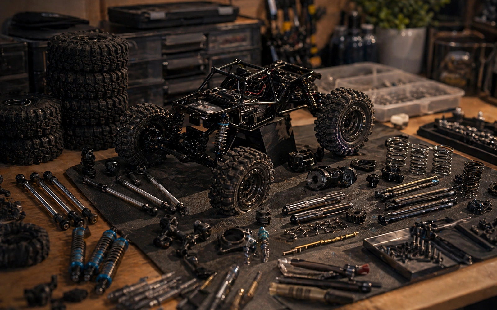 Photorealistic RC crawler field-guide image for Rig Parts And Geometry, with warm workshop or trail styling and no readable embedded text.
