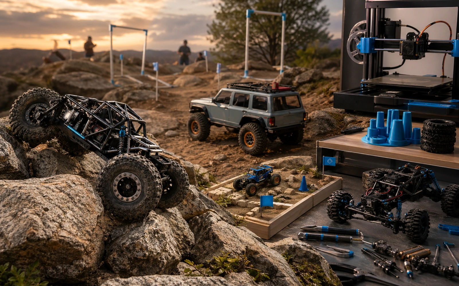 Photorealistic RC crawler guide image for Choose The Experience First, with premium field-guide styling and no readable embedded text.