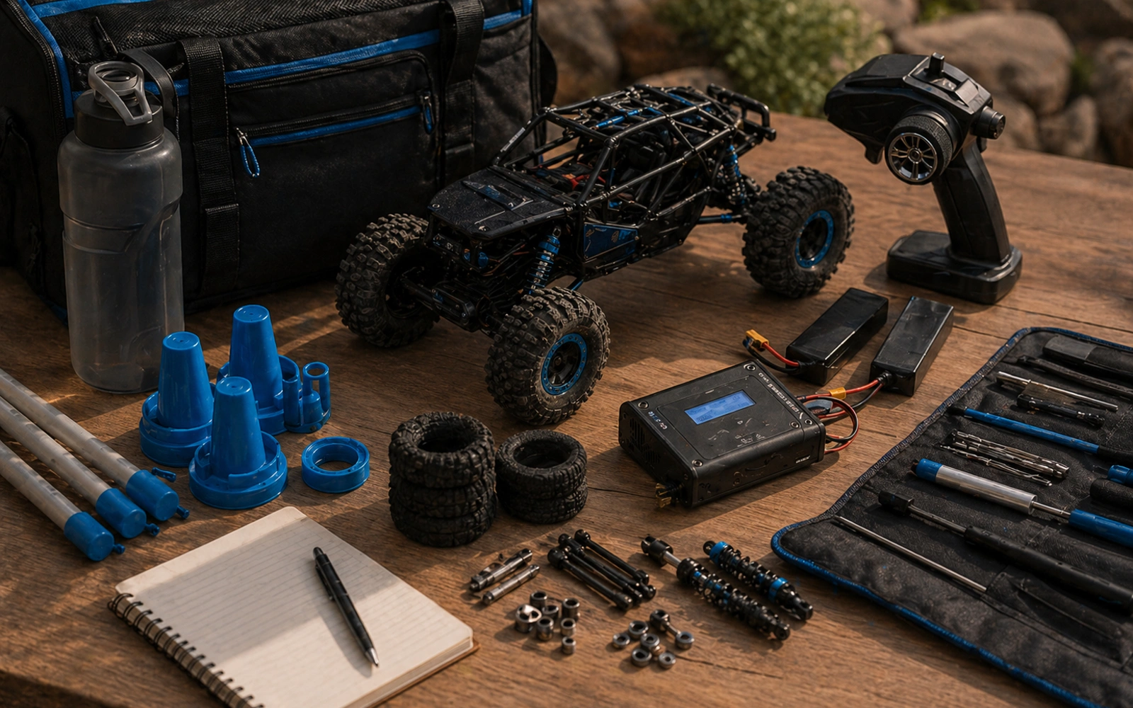 Photorealistic RC crawler guide image for Micro And Workshop Paths, with premium field-guide styling and no readable embedded text.