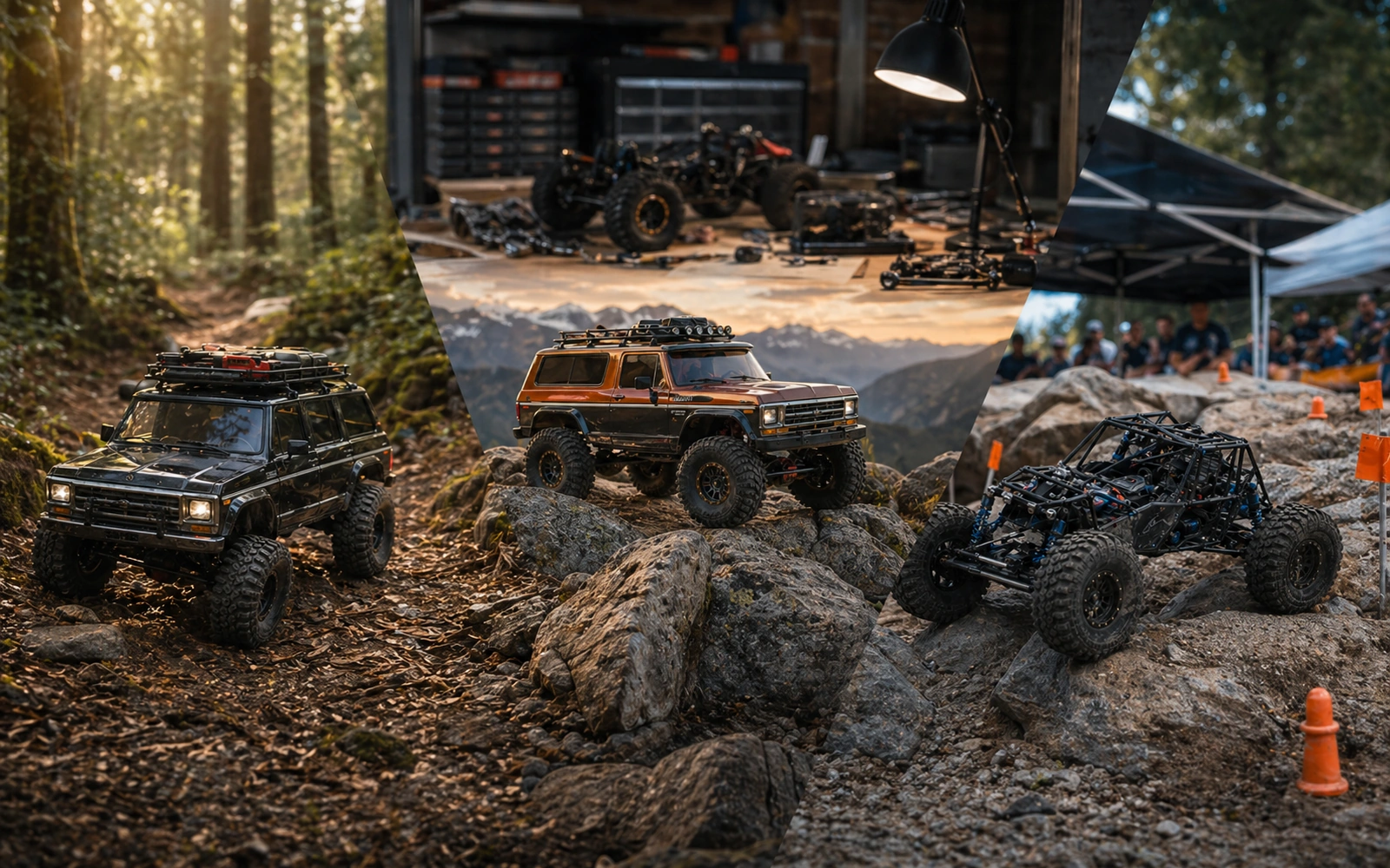 Photorealistic RC crawler field-guide image for Choosing A Direction, with warm workshop or trail styling and no readable embedded text.