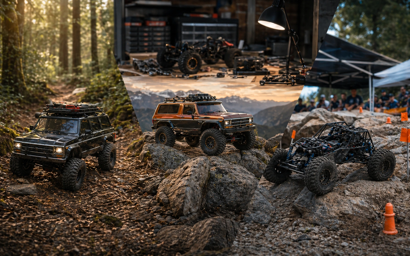 Photorealistic RC crawler field-guide image for Classes And Rules, with warm workshop or trail styling and no readable embedded text.