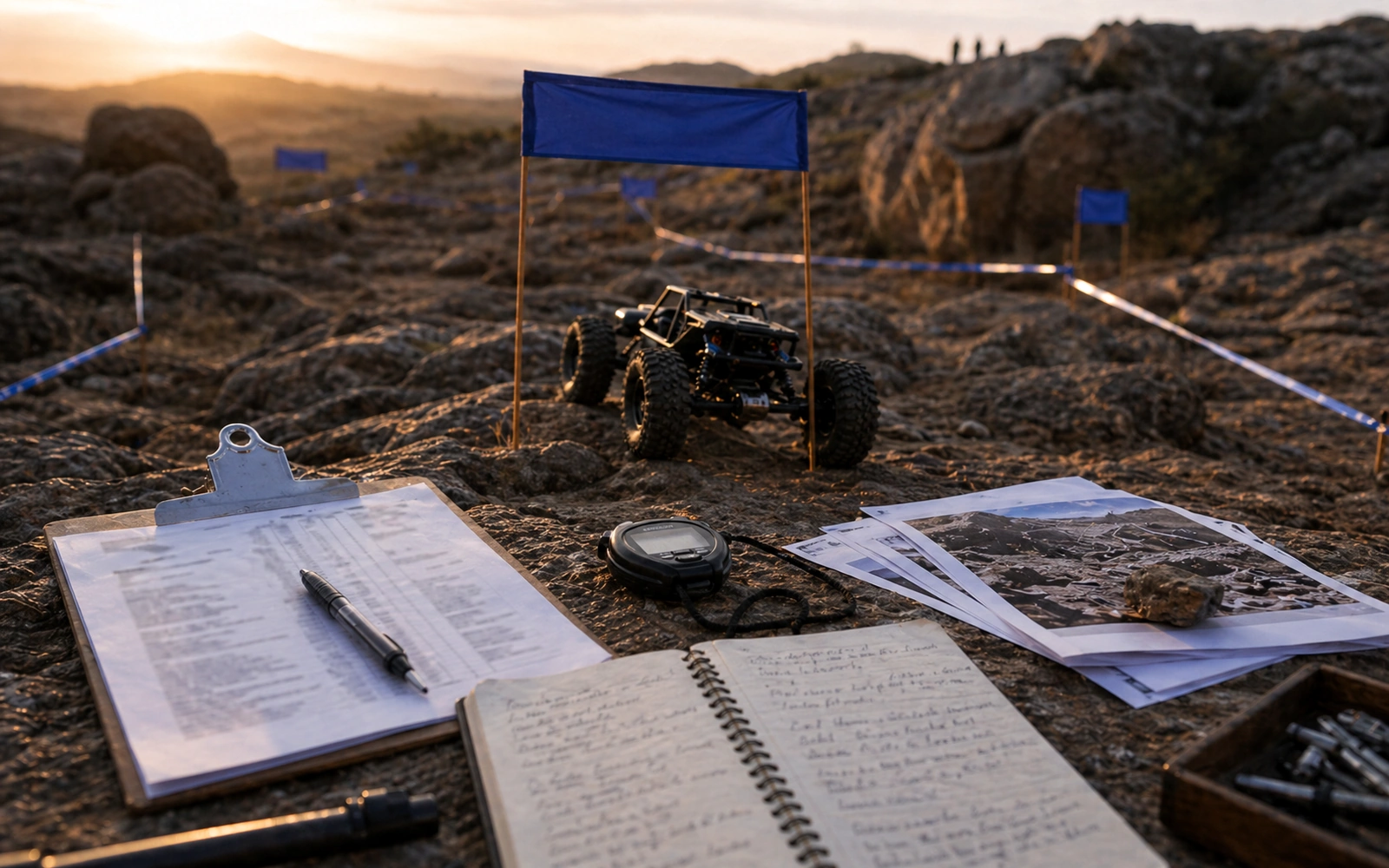 Photorealistic RC crawler field-guide image for Events And Competition, with warm workshop or trail styling and no readable embedded text.