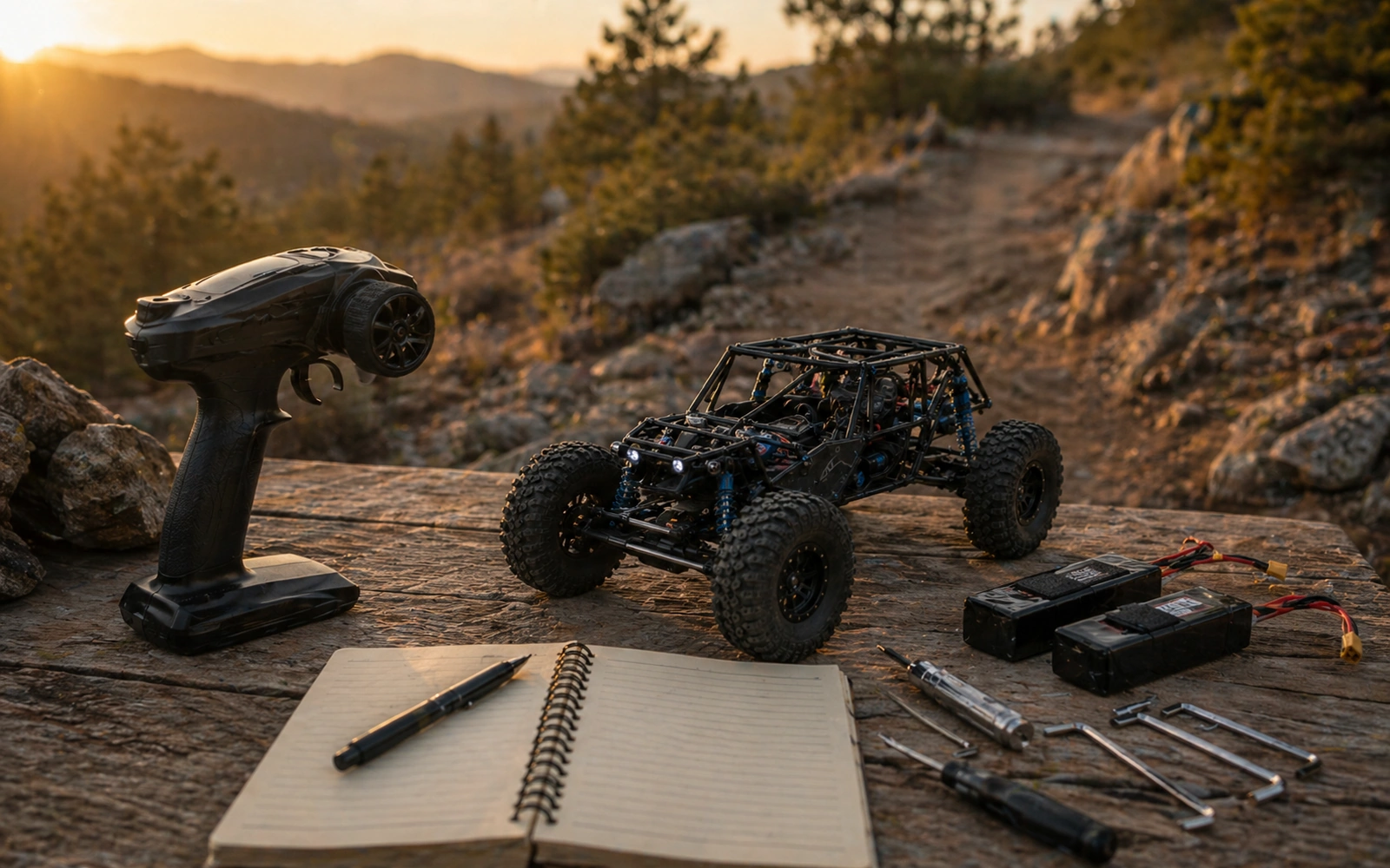 Photorealistic RC crawler field-guide image for Start With The Driver Not The Parts Cart, with warm workshop or trail styling and no readable embedded text.