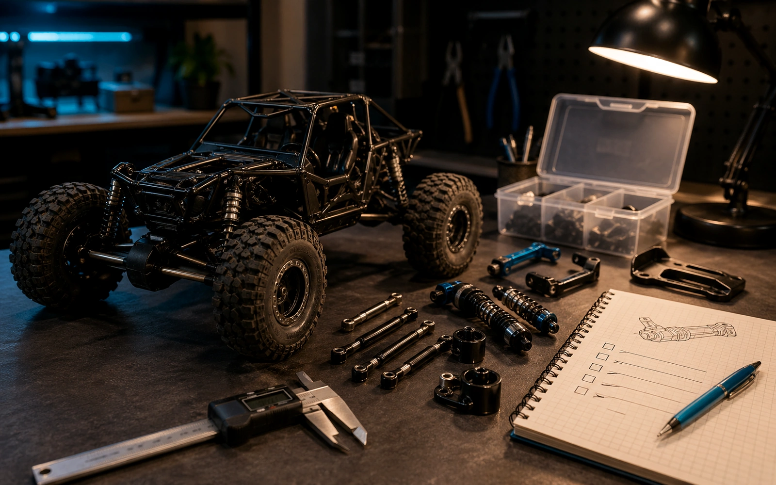 Photorealistic RC crawler guide image for Upgrade Gently, with premium field-guide styling and no readable embedded text.
