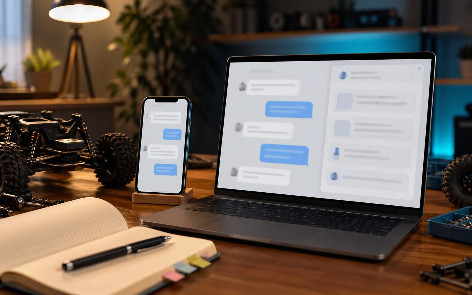 Photorealistic editorial workspace image for Changes And Questions, with RC crawler context and no readable embedded text.