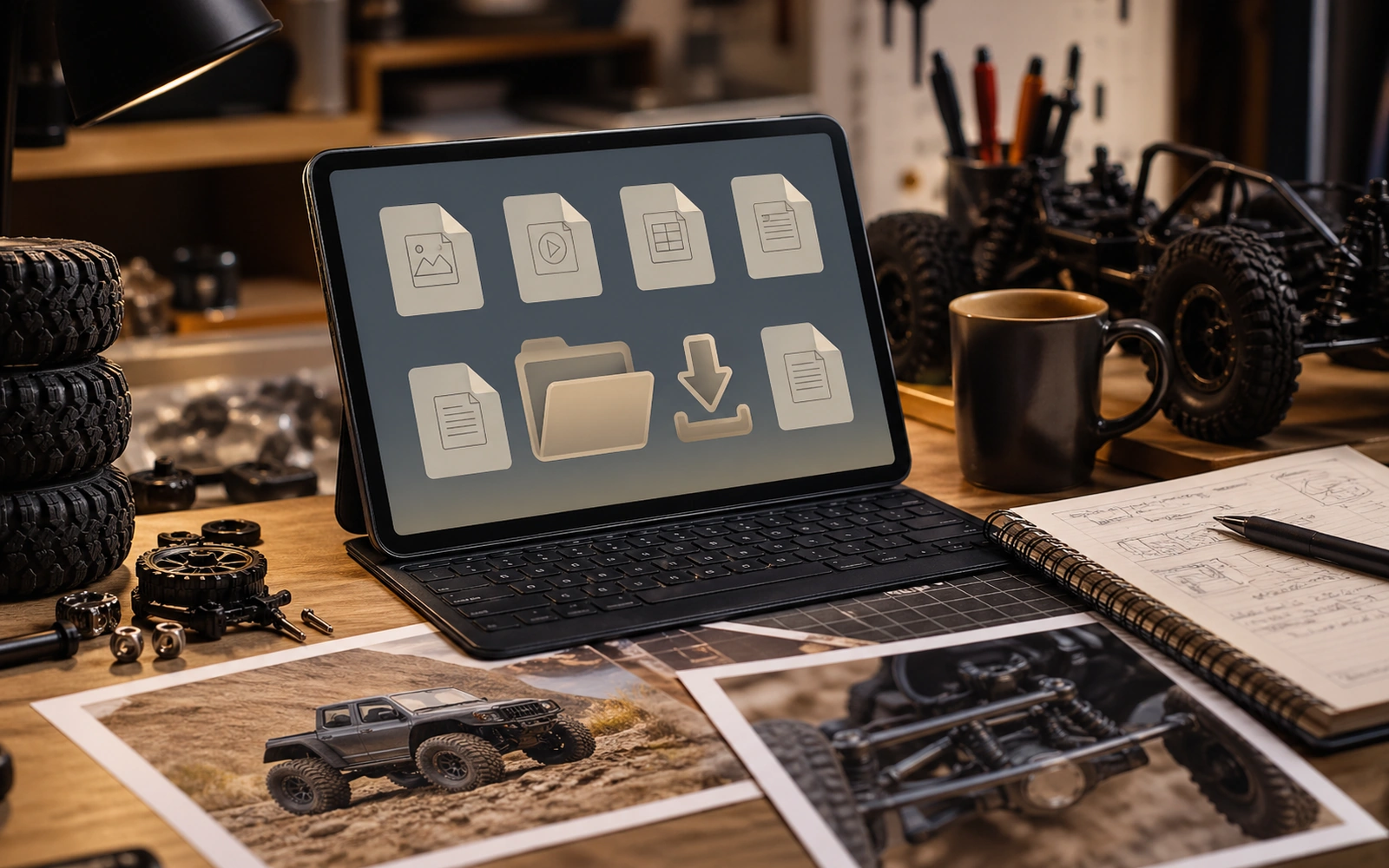 Photorealistic editorial workspace image for Digital Files And Downloads, with RC crawler context and no readable embedded text.