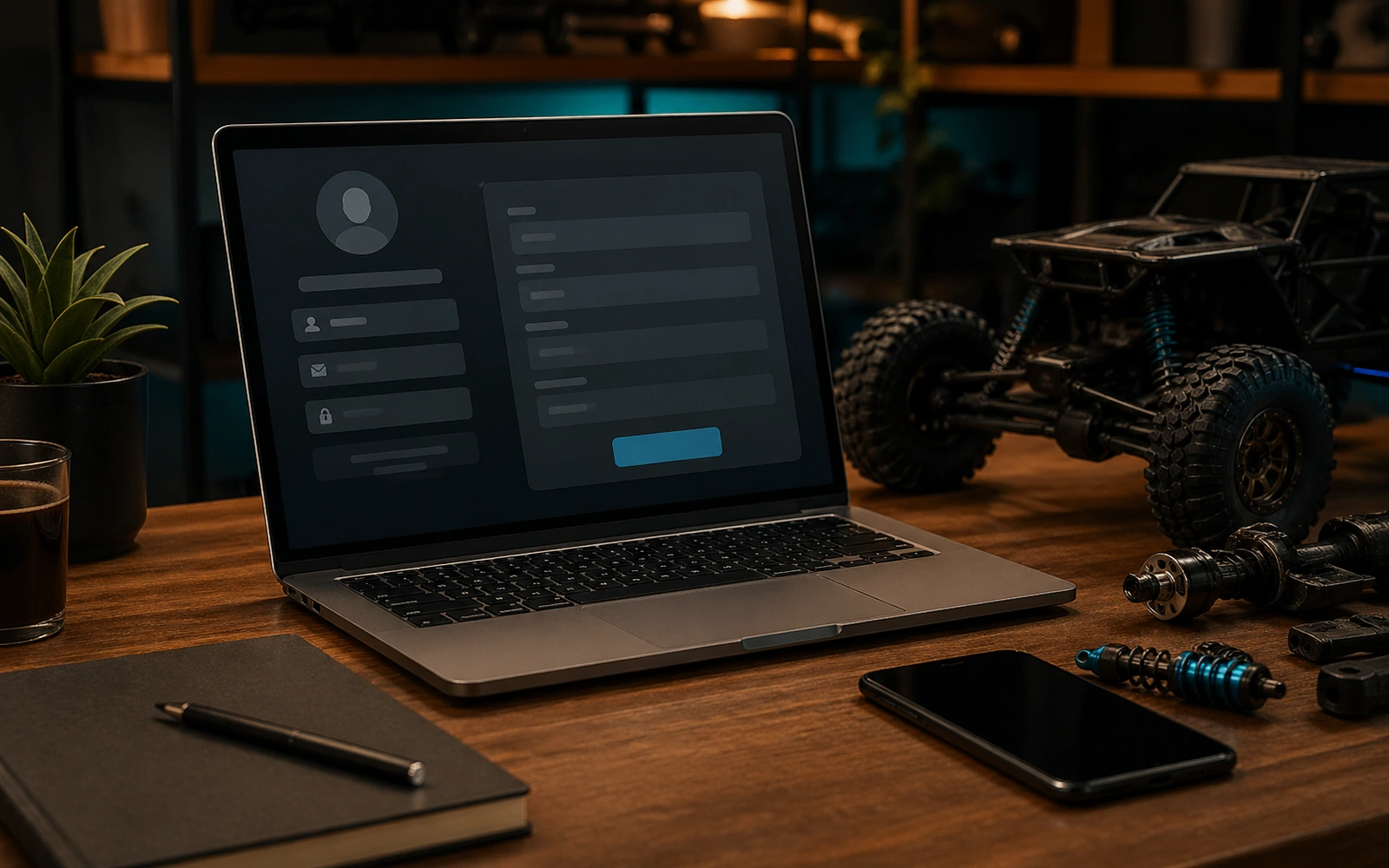 Photorealistic editorial workspace image for Information You May Provide, with RC crawler context and no readable embedded text.