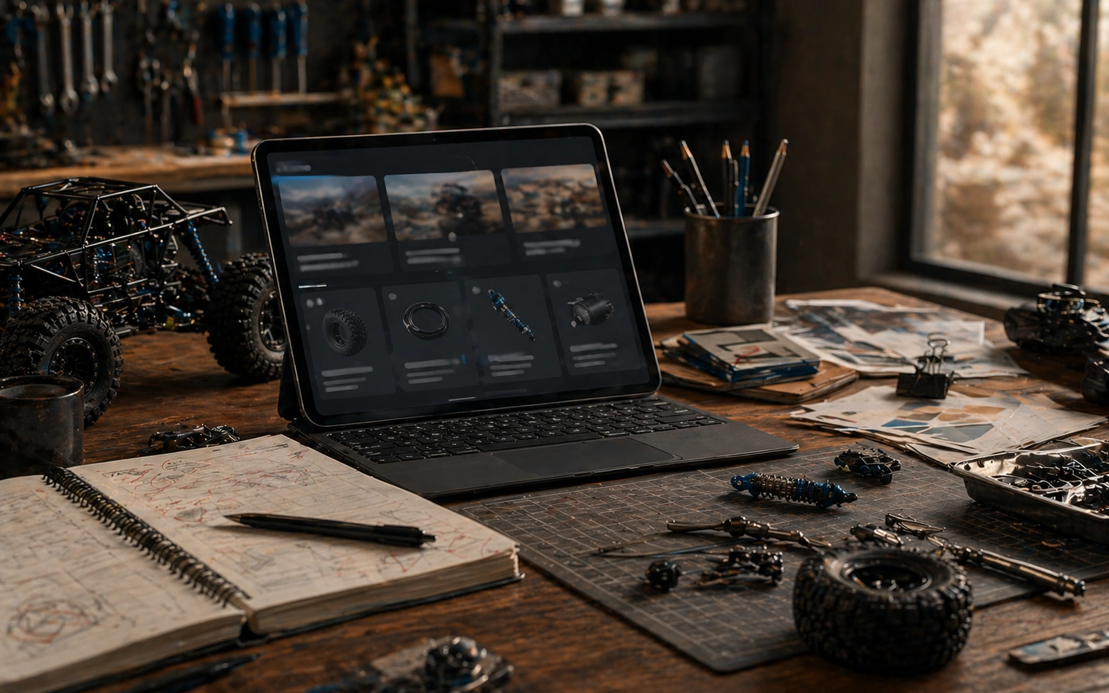 Photorealistic editorial workspace image for What This Site Does, with RC crawler context and no readable embedded text.