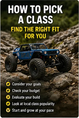 Photorealistic RC crawler guide image for How To Pick A Class, with premium field-guide styling and no readable embedded text.