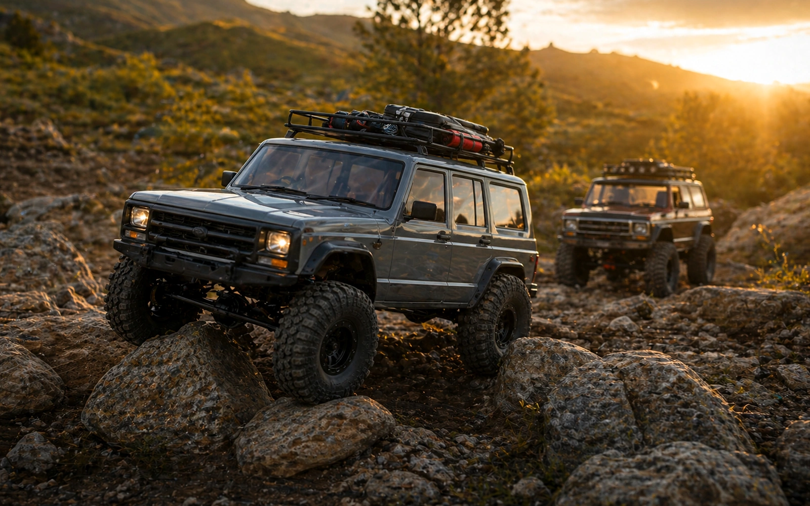 Photorealistic RC crawler guide image for Scale Versus Performance, with premium field-guide styling and no readable embedded text.
