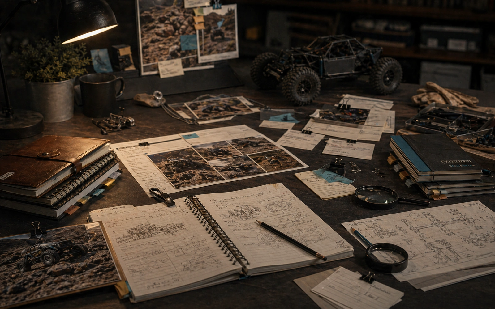 Photorealistic RC crawler guide image for Hardbody Notes, with premium field-guide styling and no readable embedded text.