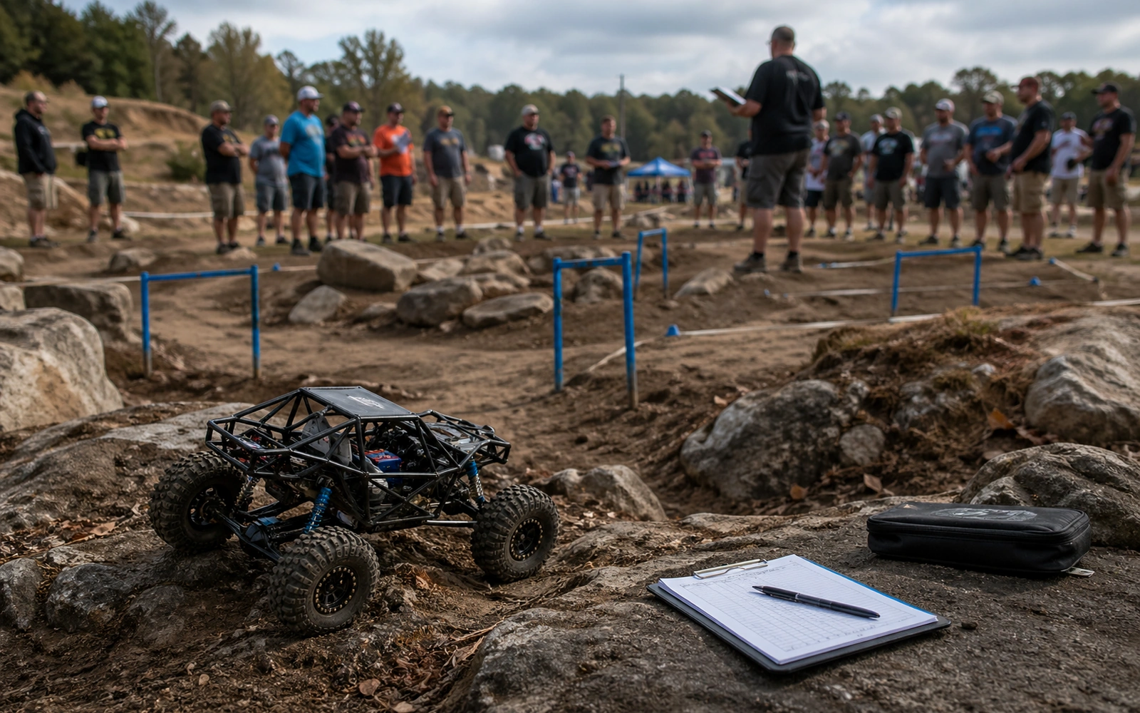 Photorealistic RC crawler guide image for What To Verify Before Event Day, with premium field-guide styling and no readable embedded text.