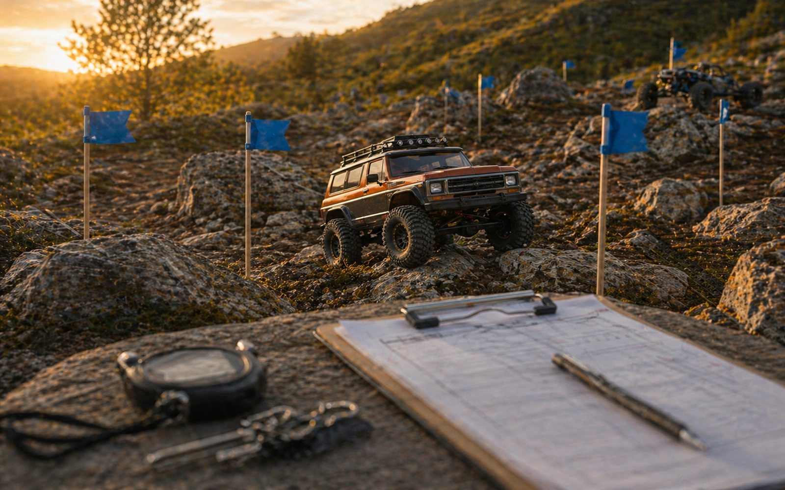 Photorealistic RC crawler guide image for Rules And Meets, with premium field-guide styling and no readable embedded text.