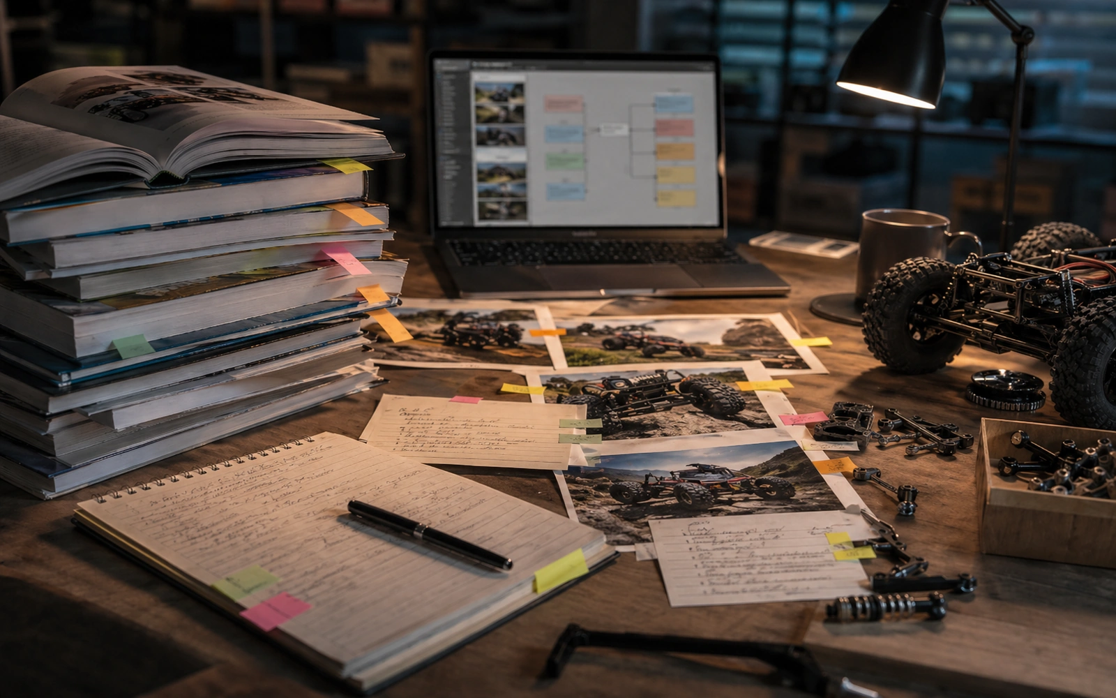 Photorealistic editorial workspace image for Corrections And Updates, with RC crawler context and no readable embedded text.