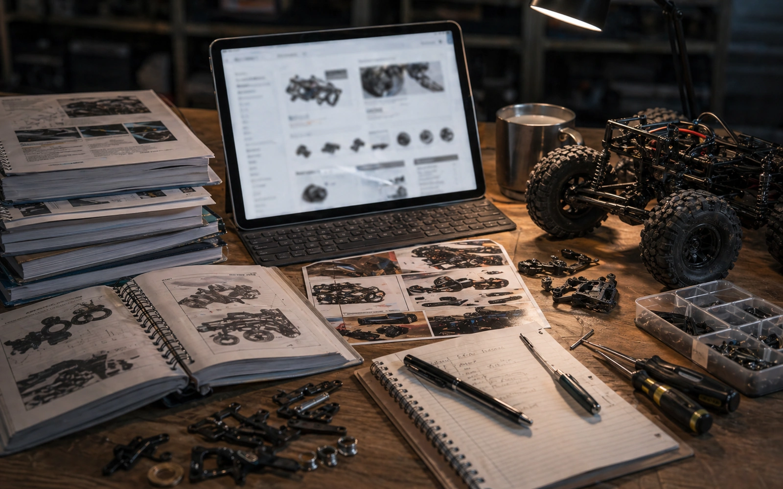 Photorealistic editorial workspace image for Merchants Manuals And Product Pages, with RC crawler context and no readable embedded text.