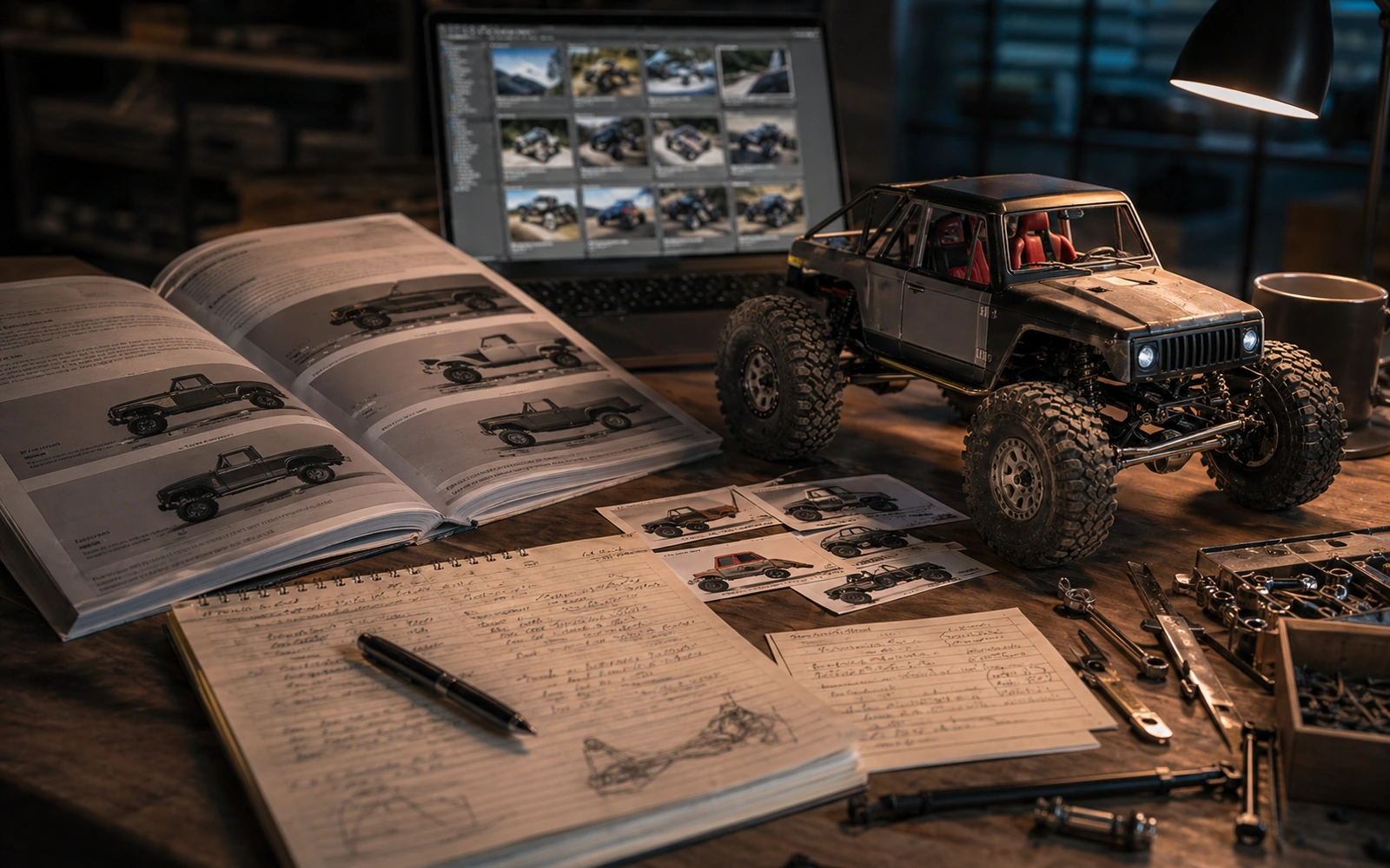 Photorealistic editorial workspace image for Rcmcca Rulebook, with RC crawler context and no readable embedded text.