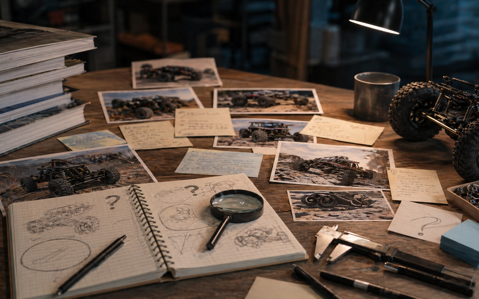 Photorealistic editorial workspace image for What Sources Cannot Guarantee, with RC crawler context and no readable embedded text.